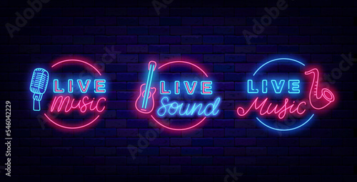 Live music neon label collection. Musical festival signboards. Night club logotype. Vector illustration