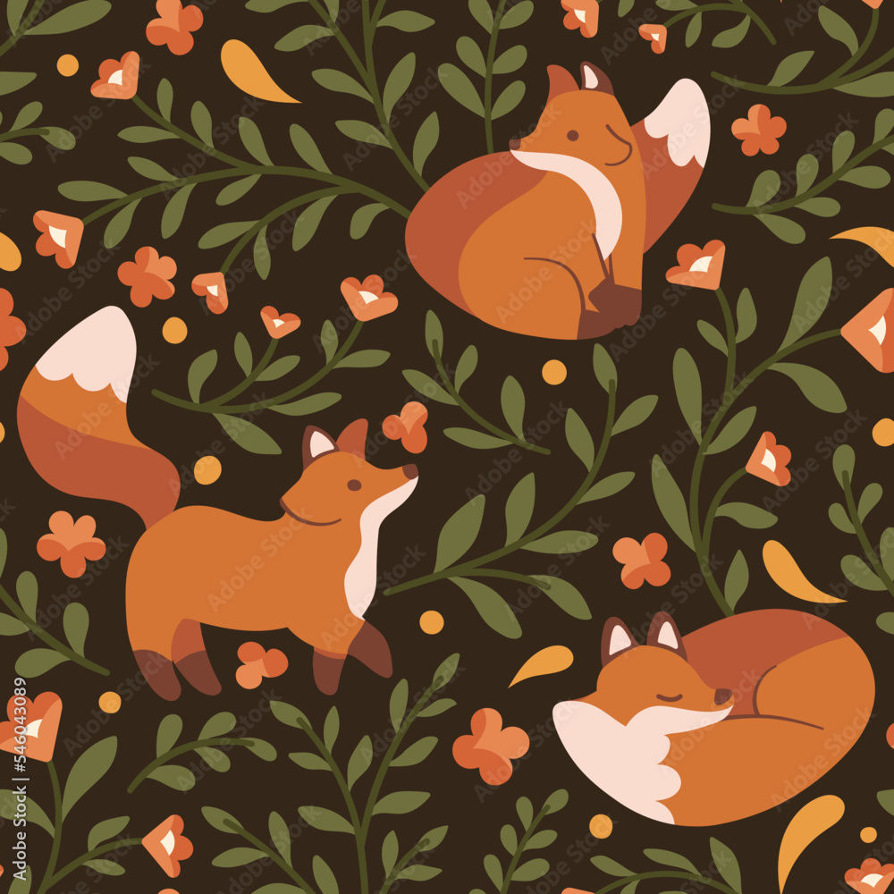Cute seamless pattern with fox and floral elements. Vector illustration ...