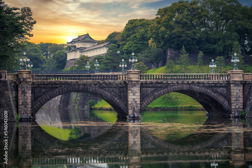 Imperial Palace and Nijubashi Bridge at sunset in Tokyo, Japan.