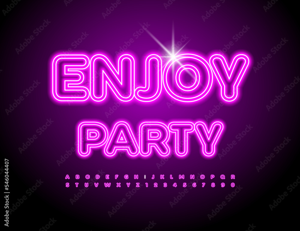 Vector glowing poster Enjoy Party. Bright Neon Font. Artistic Alphabet Letters and Numbers set