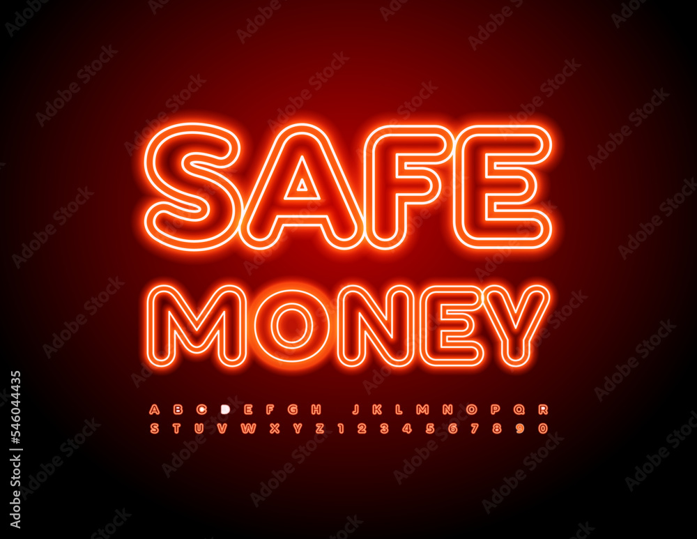 Vector business emblem Safe Money. Bright neon Font. Glowing Alphabet Letters and Numbers