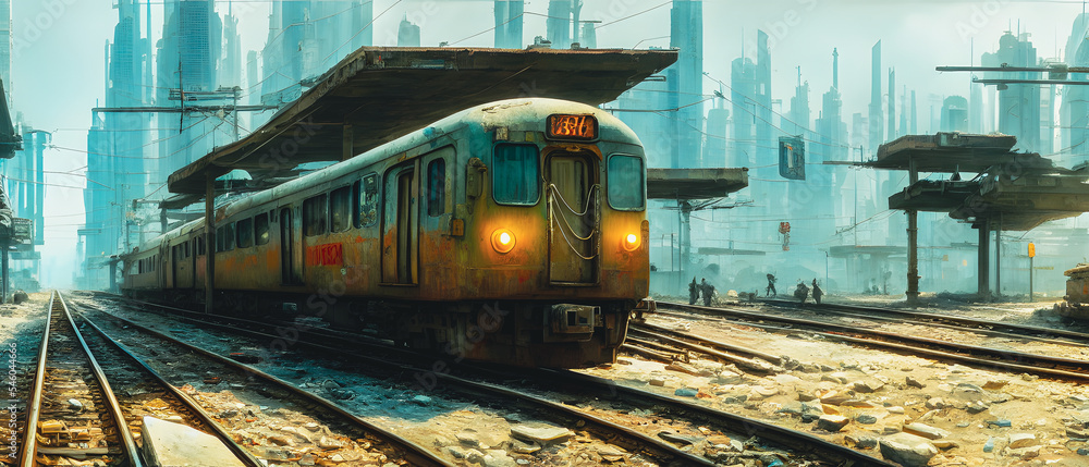 Artistic concept illustration of a retro fantasy train in the city, background illustration.