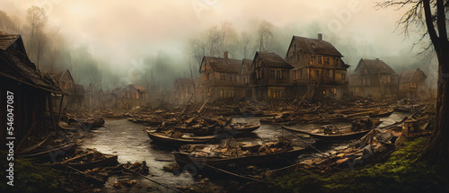 Concept illustration of a destroyed city after war, background illustration.