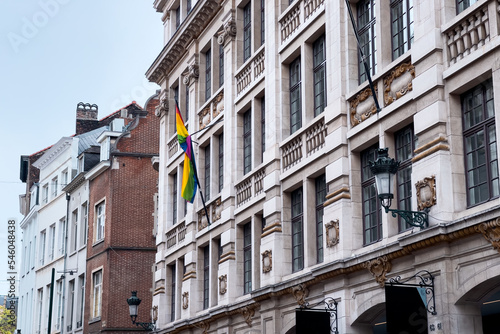 LGBT rainbow flag hanging outside a building near the Grand Place in Brussels © Mounir