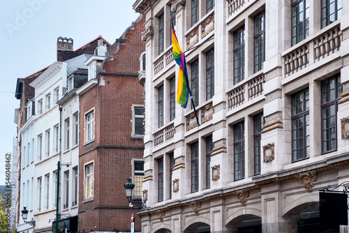 LGBT rainbow flag hanging outside a building near the Grand Place in Brussels