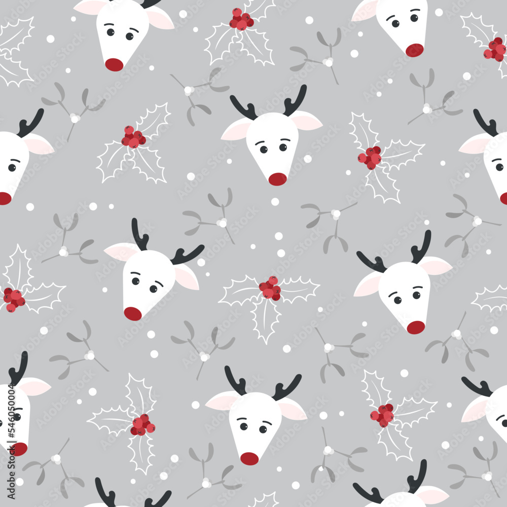 Christmas seamless pattern with deer background, winter pattern with deer and holly. Wrapping paper, pattern filling, winter greetings, web page background, Christmas and New Year