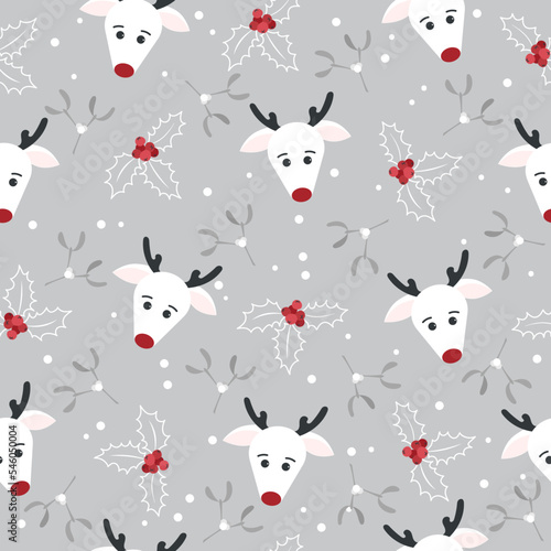 Fototapeta Naklejka Na Ścianę i Meble -  Christmas seamless pattern with deer background, winter pattern with deer and holly. Wrapping paper, pattern filling, winter greetings, web page background, Christmas and New Year