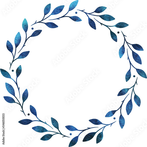 Blue watercolor wreath. Round watercolor frame with leaves for wedding invitations, posters, greeting cards, web.