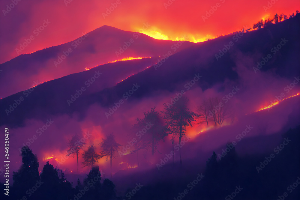 Forest fire, glow from the fire over the forests in the night. A raging