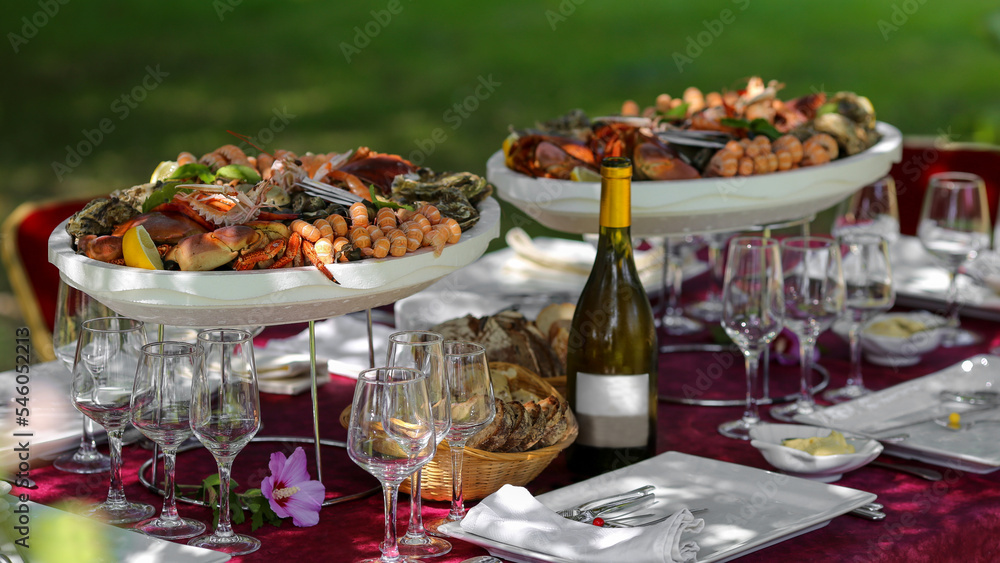 Plateaux de fruits de mer sur une table dressée dans un jardin pour un repas de famille