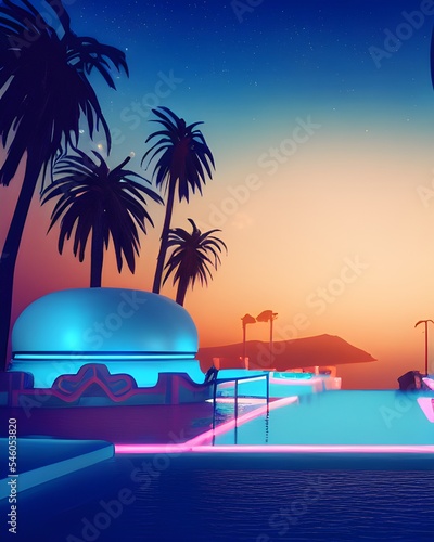 night time neon, Art Deco, in island, palm trees, crystal clear neon water