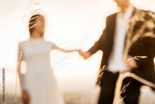 Pareja de recién casados dandose la mano en puesta de sol desenfocados photo