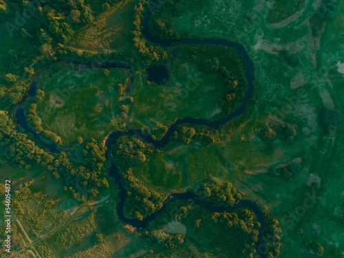 Aerial view of a curvy river through the green forested valley