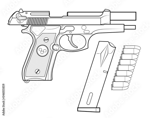 Vector illustration of the Beretta M92 automatic pistol with the breech in the rear position and equipment such as a magazine and cartridges on the white background. Right side.