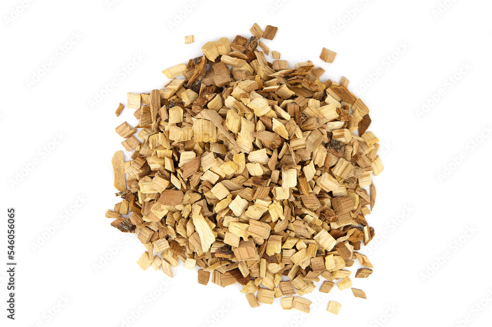 Wood chips for smocking isolated on white. Natural apricot wood smoking chunks, top view Wood chips for smocking isolated on white. Natural apricot wood smoking chunks, top view
