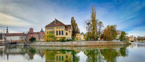 River in the city. Panorama of the town. The historic architecture of the old town. Historic buildings on the banks of the river. The center of the old town. Wroclaw, Poland.