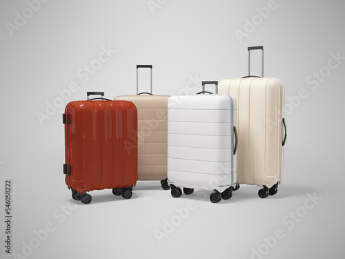 3d illustration of modern suitcases on wheels for travel on gray background with shadow