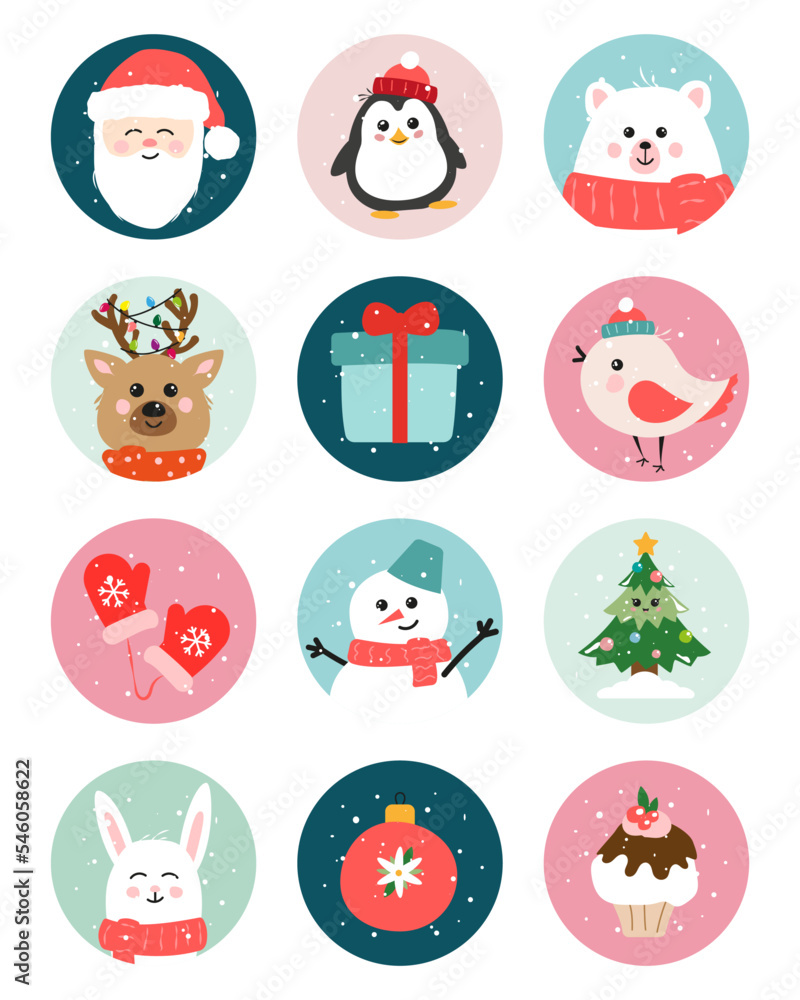 New year christmas stickers with different animals fir tree pie