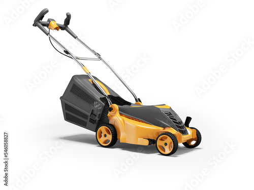 3d illustration of orange professional electric lawnmower with grass box on white background with shadow