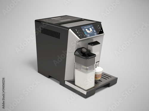 3d illustration of professional touchscreen super automatic coffee machine on gray background with shadow