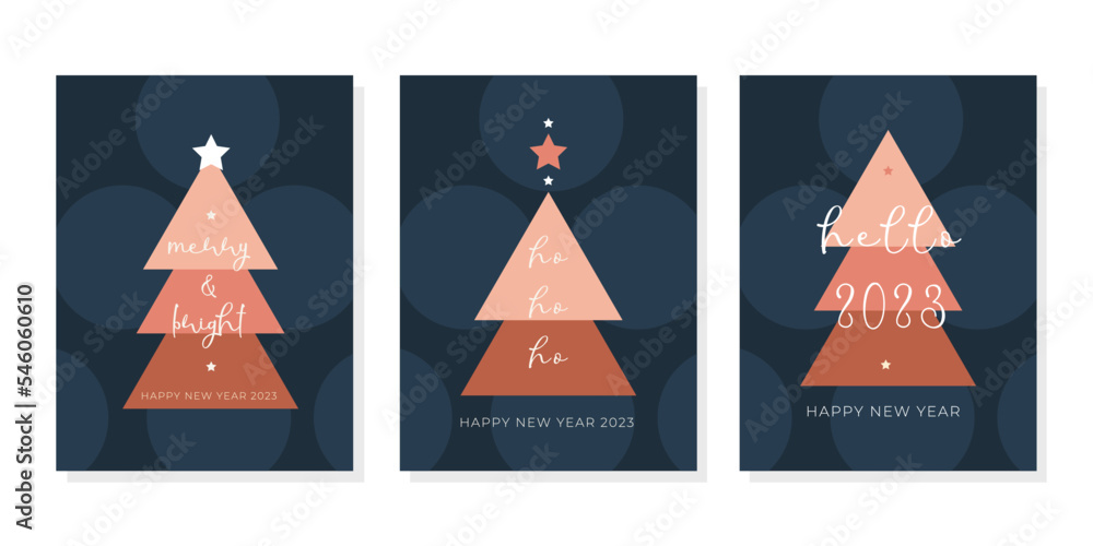 Set trendy Happy New Year greeting cards ho ho ho Merry Christmas template Minimalistic design boho colorschristamas tree Set trendy Happy New Year greeting cards ho ho ho Merry Christmas template Minimalistic design boho colorschristamas tree