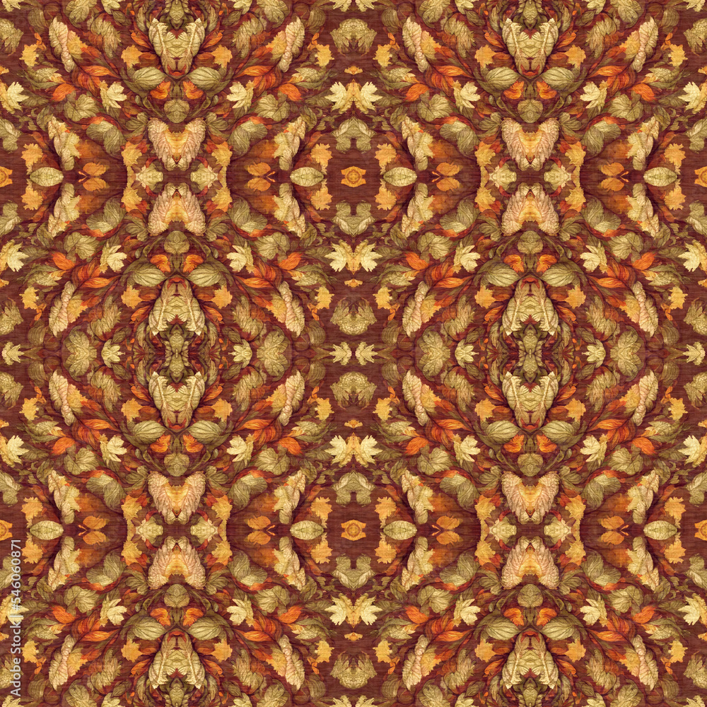 Autumn leaves woodland seamless pattern. Brown retro kaleidoscopic textile print. Backdrop of vintage ornate forest wallpaper. Garden botanical print. Autumn leaves woodland seamless pattern. Brown retro kaleidoscopic textile print. Backdrop of vintage ornate forest wallpaper. Garden botanical print.