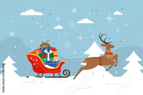 Christmas reindeer sleigh design for xmas celebration. Santa sleigh with piles of presents. Happy New Year. Winter holidays. Lovely Christmas background with flat style