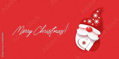 Christmas banner with Santa gnome. Winter holiday design for greeting card. Paper cutout hat, mustache and beard of Santa Claus. Merry xmas on red background. Paper cut out art style