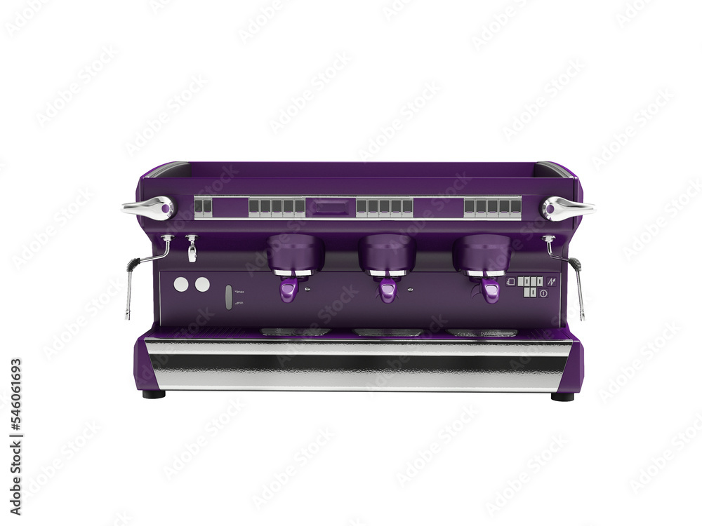 3D illustration of purple professional coffee machine and cappuccino maker on white background no shadow 3D illustration of purple professional coffee machine and cappuccino maker on white background no shadow