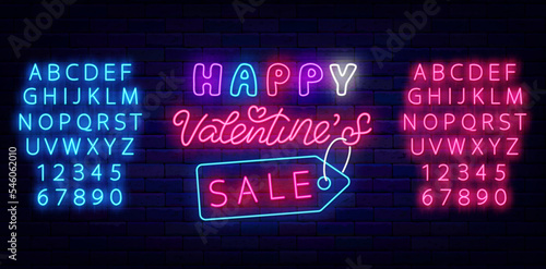 Happy Valentine Day Sale neon signboard on brick wall. Luminous pink and blue alphabet. Vector stock illustration