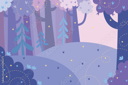Fairy forest with magical objects and wonders. Bright flat vector illustration.