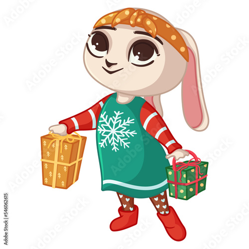 Cute bunny in a Christmas dress with gifts, new year vector illustration isolated on white background. New Year's character, symbol of the year, bunny, rabbit.