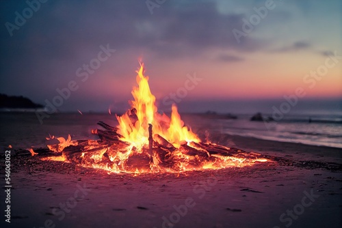 Campfire on a lonley island coast at dawn photo