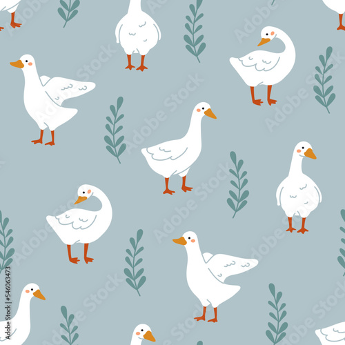 Trendy pattern with cute white gooses and leaves. Seamless scandinavian geese pattern. Vector domestic goose background. Funny rustic print. Vector illustration.