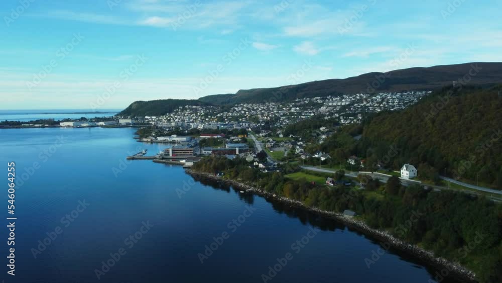 Ulsteinvik and Lyngnesvika bay from drone perspective. Ulsteinvik and Lyngnesvika bay from drone perspective.
