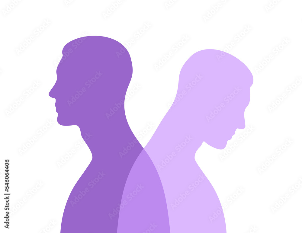 Purple male silhouette in profile with a translucent projection. Mental health concept. Duality and hidden emotions. Vector illustration