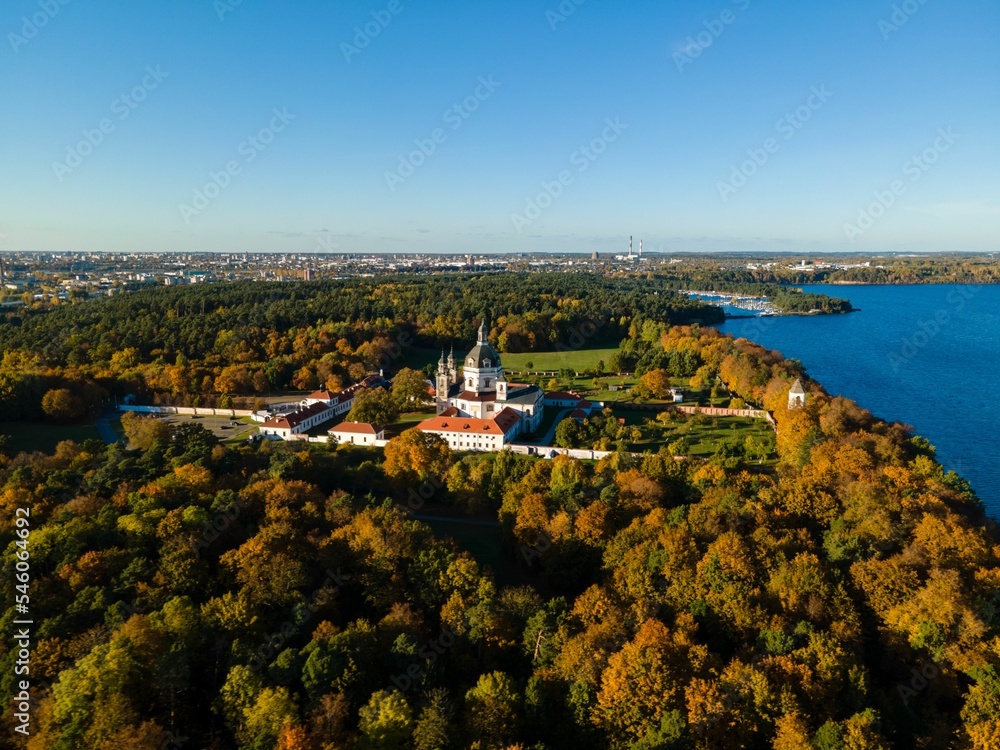 Aerial view of the Pazaislis monastery during fall in Kaunas, Lithuania
