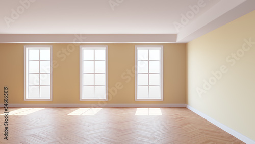 Beige Empty Room with a White Ceiling and Cornice, Glossy Herringbone Parquet Flooring, Three Large Windows and a White Plinth. 3D render, 8K Ultra HD, 7680x4320