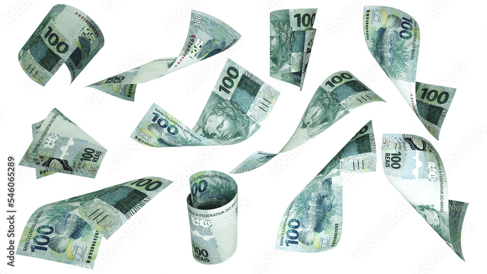 3D rendering of 100 Brazilian real notes flying in different angles and orientations isolated on white background - obrazy, fototapety, plakaty 