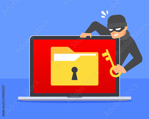 Hacker with key or padlock try to access locked document folder icon on laptop. Data breach, cybercrime, digital file hacking, or cyber security threat concept. Flat cartoon vector icon illustration.