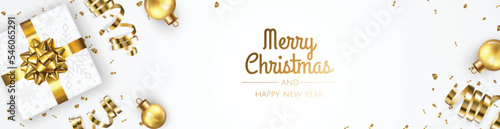 Merry Christmas and Happy New Year. Xmas Festive background with realistic 3d objects, gift box, blue and white balls.
