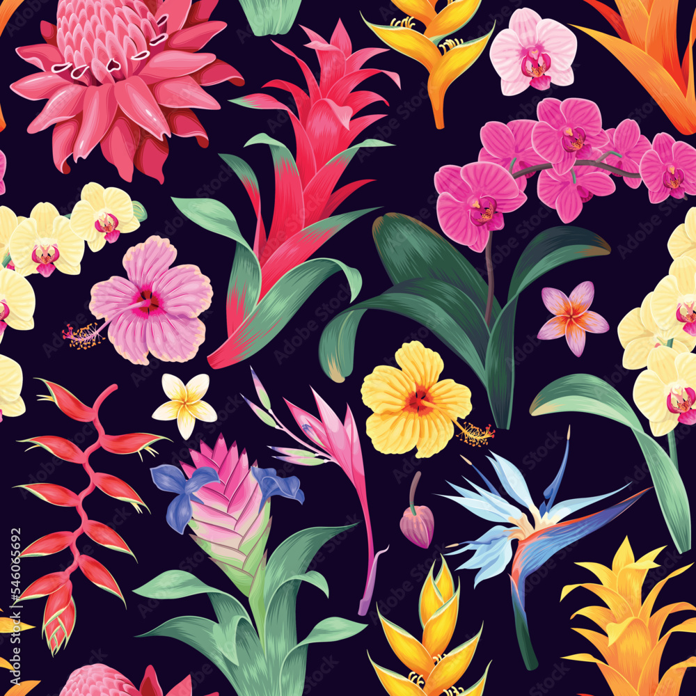 Seamless pattern with exotic flowers and leaves