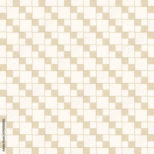 Geometric squares pattern. Vector abstract seamless texture with lines, square grid, checkered surface. Simple modern gold and white background. Luxury minimal ornament. Stylish repeat geo design
