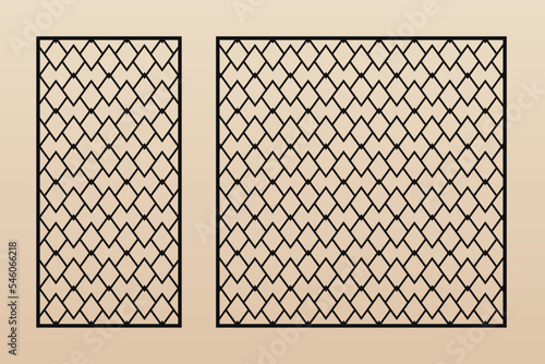 Decorative panels for laser cutting. Cutout silhouette with abstract geometric pattern, diamond grid, net, lines. Laser cut stencil for wood, metal, plastic, paper, acrylic. Aspect ratio 1:2, 1:1