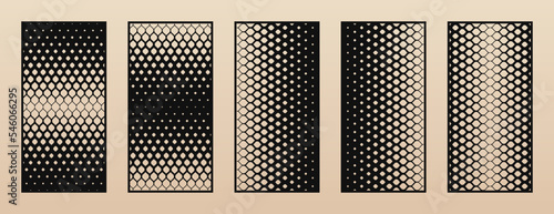 Laser cut panel set. Trendy collection of abstract geometric patterns with circles, halftone grid, gradient transition. Decorative stencil for laser cutting of wood, metal, paper. Aspect ratio 1:2