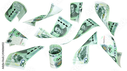 3D rendering of 50 Chinese yuan notes flying in different angles and orientations isolated on white background