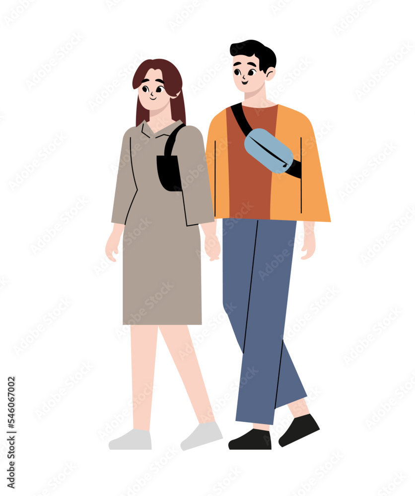 Couple of girl and smiling guy walking, people walk holding hands, woman and man spend leisure time together, outdoors activity