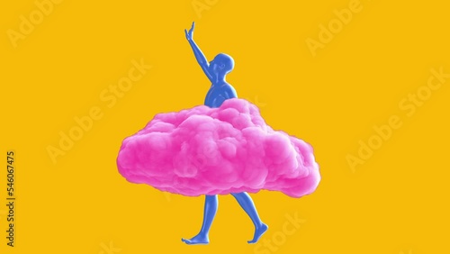 Man blue body rotate in pink cloud on yellow background. Realistic 3d art composition in creative modern stop motion style. Minimal abstract graphic concept design. Fashion loop animation.
