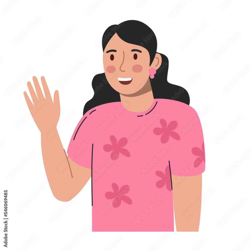 The woman smiles and waves her hand. Vector illustration is flat isolated on a white background. The woman smiles and waves her hand. Vector illustration is flat isolated on a white background.