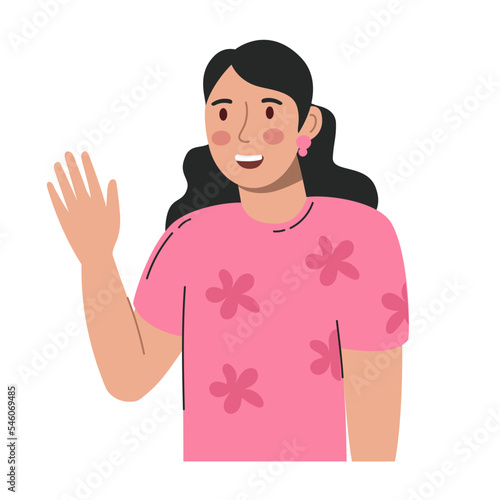 The woman smiles and waves her hand. Vector illustration is flat isolated on a white background.